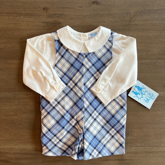 New Baby Boys Blue Plaid John John Short Overall
